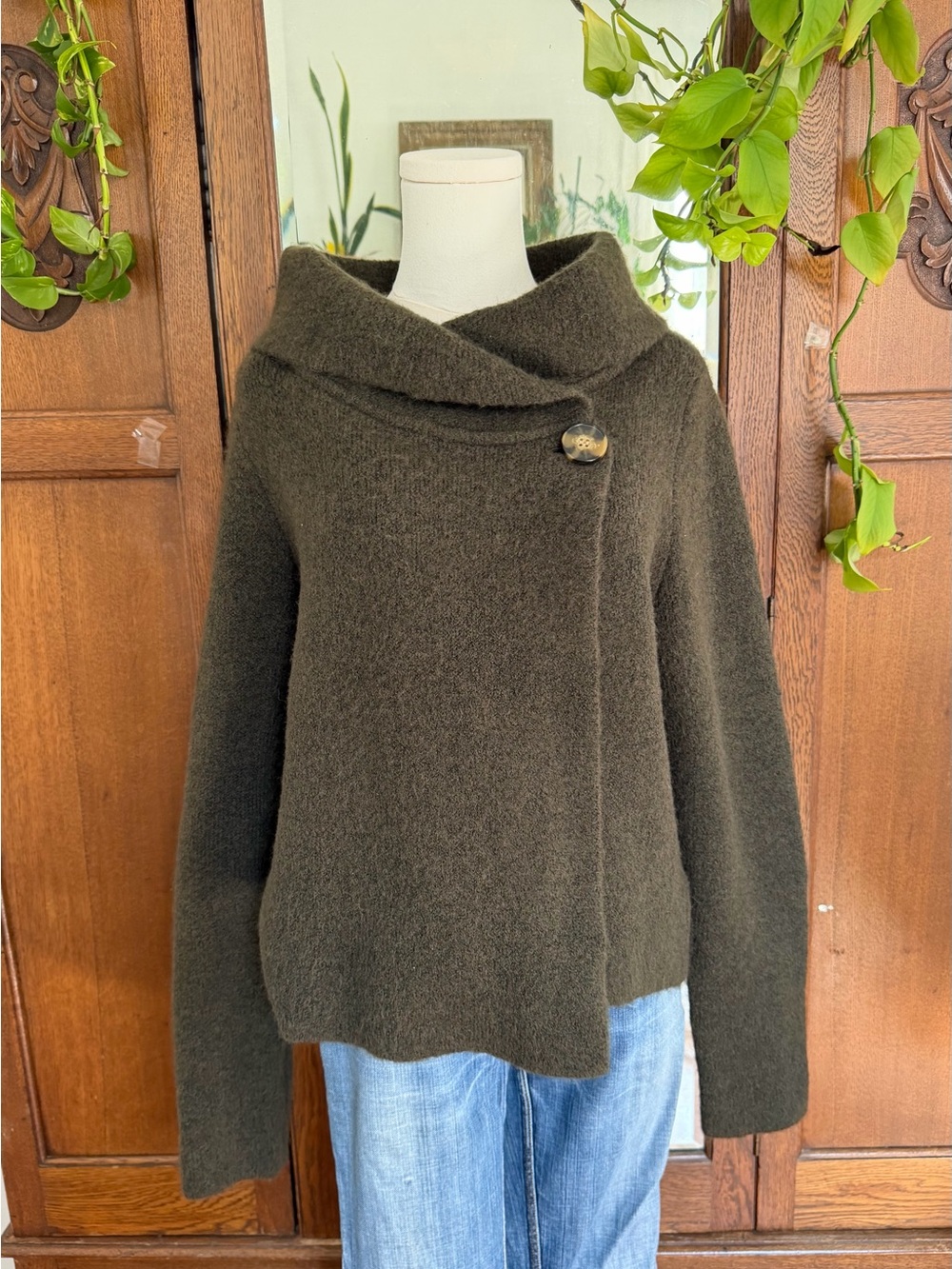 Adrienne Vittadini Olive Wool Blend Shawl Collar Sweater L , Lagenlook